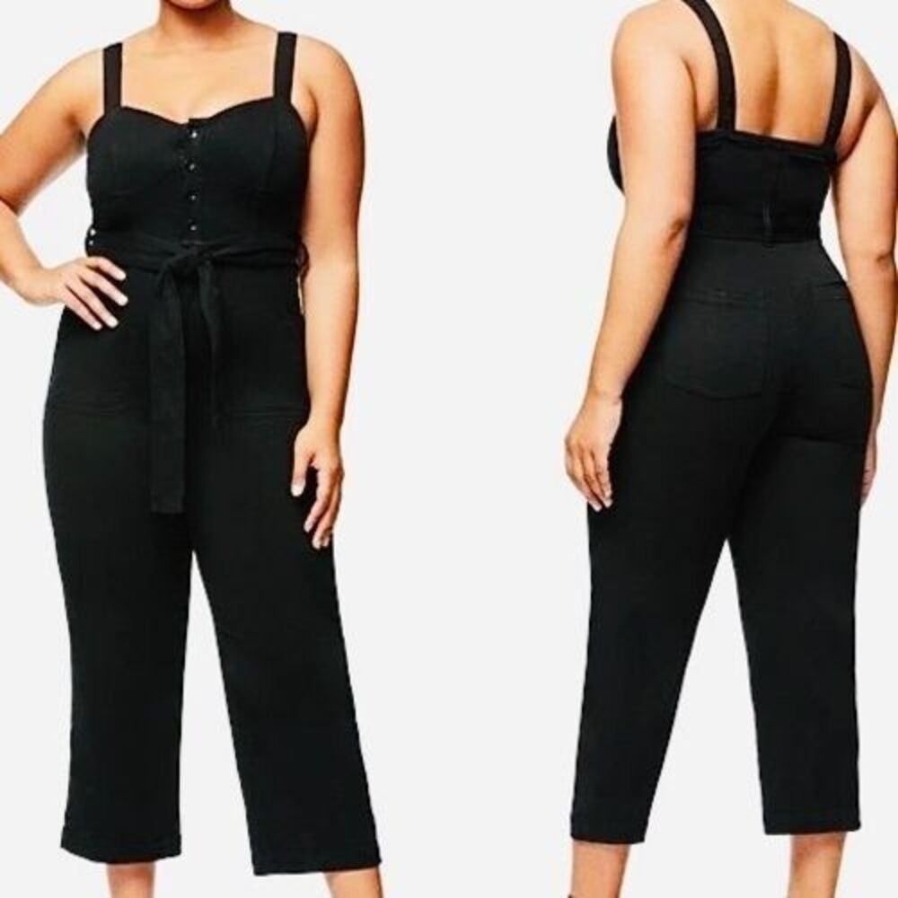Good American The Playsuit Jumpsuit M 2 Black Button Front Tie Waist Cropped